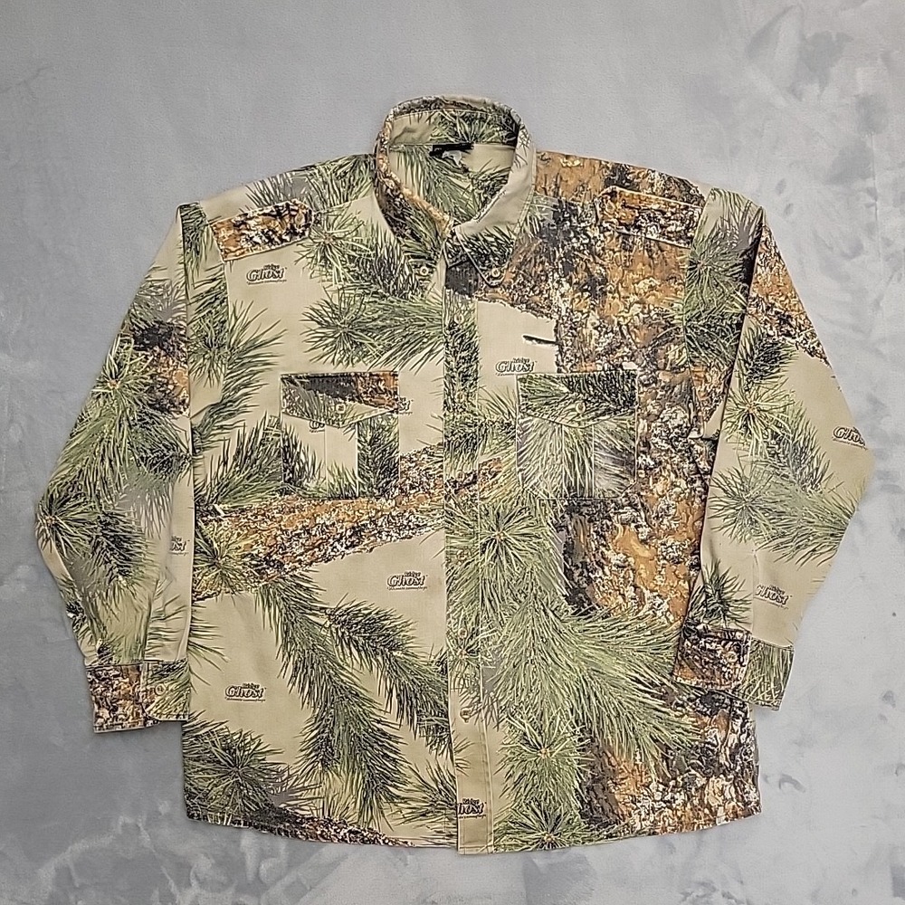 Vintage Ghost Camo Shirt Mens XL Green Ridge Pine Safari Epaulet Twill Hunting